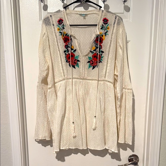 Nostalgia Tops - Nostalgia Embroidered Boho Floral Peasant Blouse Tunic Top Cream Shirt Sz Large